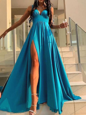 Airchics longue robe dos nu fendu le côté v-cou sans manches mode de demoiselle d'honneur bleu